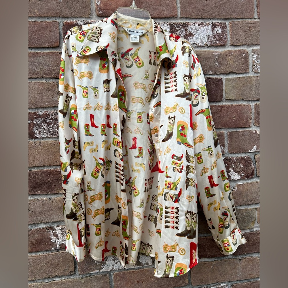 Paolo Santini 100% Silk Western blouse. Boot pattern. Mother of pearl buttons.